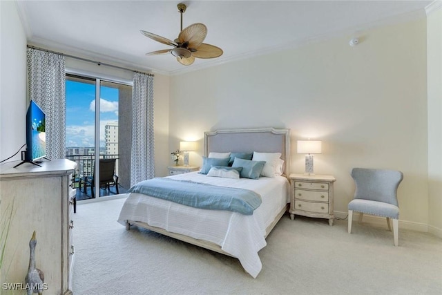 970 Cape Marco Dr Unit 2105, Marco Island, FL 34145 - carpeted bedroom with baseboards, ornamental molding, access to exterior, and a ceiling fan
