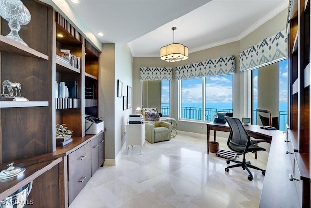 970 Cape Marco Dr Unit 2105, Marco Island, FL 34145 - office area featuring crown molding, baseboards, a water view, and recessed lighting