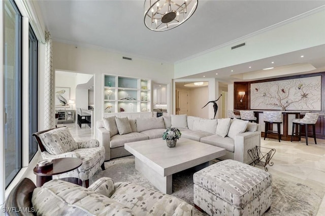 970 Cape Marco Dr Unit 2105, Marco Island, FL 34145 - living area with ornamental molding and a chandelier
