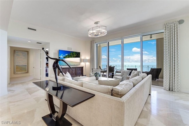 970 Cape Marco Dr Unit 2105, Marco Island, FL 34145 - living room with a chandelier, crown molding, and light marble finish floors