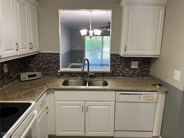 6184 Michelle Way Unit 123, Fort Myers, FL 33919 - kitchen with white appliances, a sink, white cabinets, tasteful backsplash, and ornamental molding
