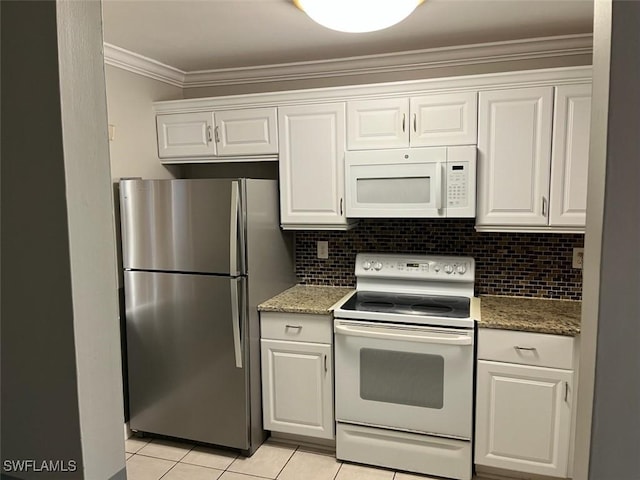 6184 Michelle Way Unit 123, Fort Myers, FL 33919 - kitchen with white appliances, ornamental molding, light tile patterned flooring, white cabinets, and tasteful backsplash