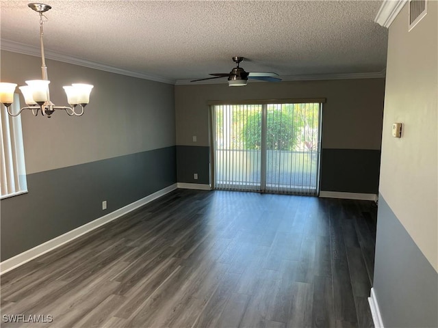 6184 Michelle Way Unit 123, Fort Myers, FL 33919 - spare room with a ceiling fan, a chandelier, a textured ceiling, dark wood-style flooring, and baseboards