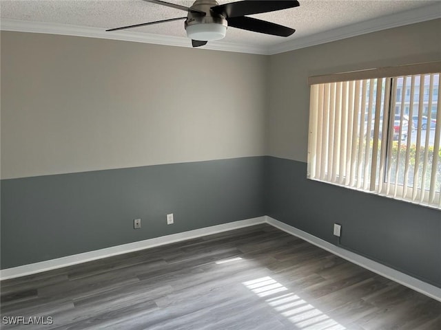 6184 Michelle Way Unit 123, Fort Myers, FL 33919 - empty room featuring a ceiling fan, a textured ceiling, wood finished floors, ornamental molding, and baseboards