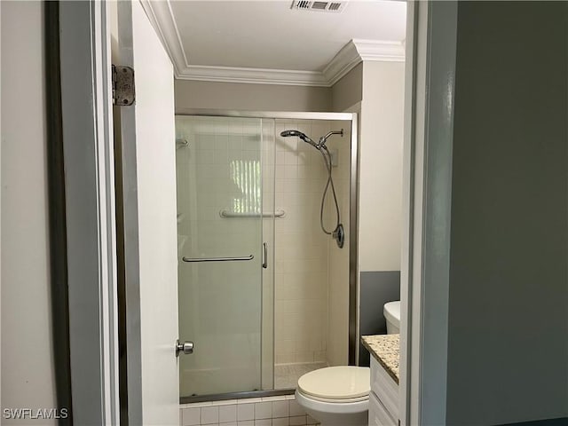 6184 Michelle Way Unit 123, Fort Myers, FL 33919 - bathroom with a stall shower, ornamental molding, toilet, and vanity