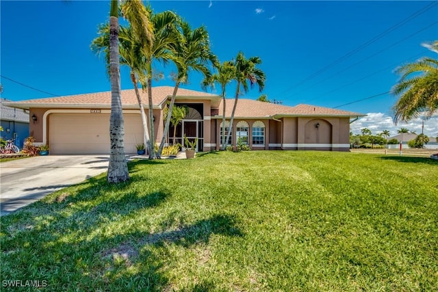 1601 SW 19th St, Cape Coral, FL 33991 - ranch-style home featuring a garage, concrete driveway, a front lawn, and stucco siding