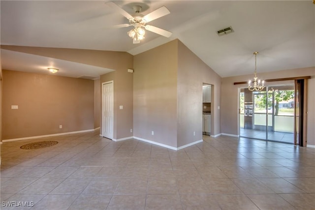 1601 SW 19th St, Cape Coral, FL 33991 - unfurnished room with a chandelier, light tile patterned flooring, baseboards, ceiling fan, and high vaulted ceiling