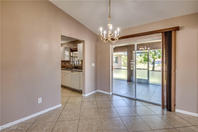 1601 SW 19th St, Cape Coral, FL 33991 - spare room featuring a sink, a chandelier, light tile patterned flooring, lofted ceiling, and baseboards
