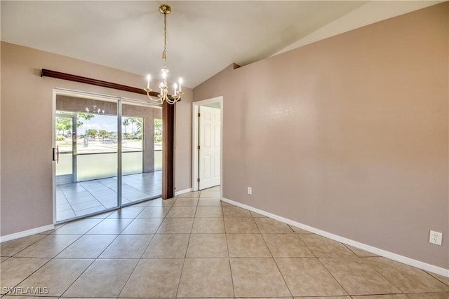 1601 SW 19th St, Cape Coral, FL 33991 - empty room with lofted ceiling, a chandelier, light tile patterned floors, and baseboards
