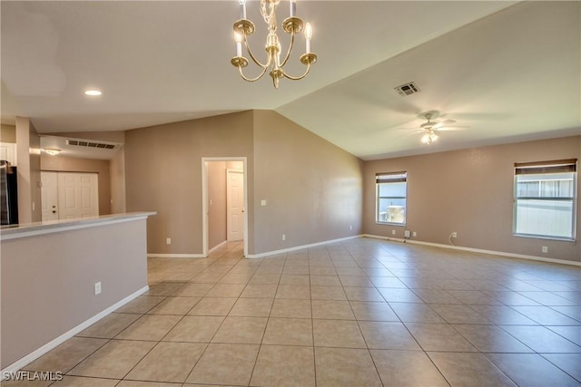 1601 SW 19th St, Cape Coral, FL 33991 - unfurnished living room with baseboards, lofted ceiling, ceiling fan, light tile patterned floors, and a chandelier