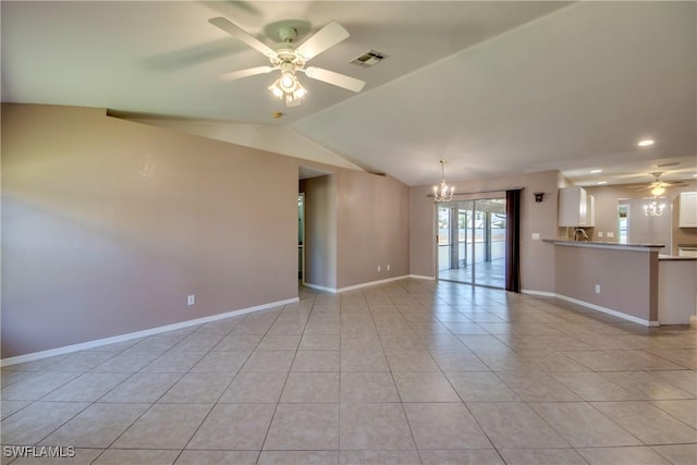 1601 SW 19th St, Cape Coral, FL 33991 - unfurnished living room with ceiling fan, light tile patterned floors, a chandelier, lofted ceiling, and baseboards
