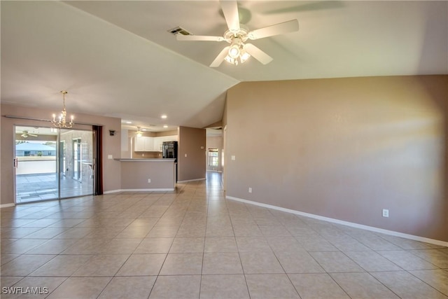 1601 SW 19th St, Cape Coral, FL 33991 - unfurnished living room with plenty of natural light, a chandelier, light tile patterned floors, lofted ceiling, and ceiling fan