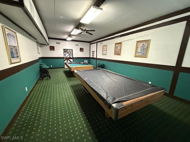 3760 Inverrary Dr Unit 1W, Lauderhill, FL 33319 - rec room with carpet flooring, billiards, and a ceiling fan