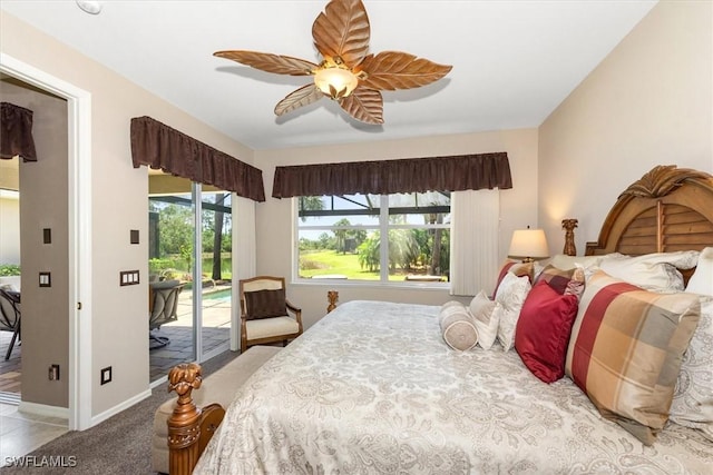 9327 Trieste Dr, Fort Myers, FL 33913 - bedroom featuring access to exterior, carpet floors, baseboards, and ceiling fan