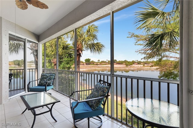 10020 Sky View Way Unit 905, Fort Myers, FL 33913 - sunroom featuring a water view, a ceiling fan, and vaulted ceiling