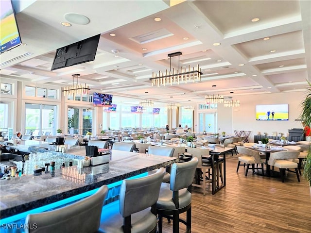 10020 Sky View Way Unit 905, Fort Myers, FL 33913 - dining space featuring coffered ceiling, wood finished floors, beam ceiling, and recessed lighting