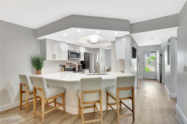 773 Wiggins Lake Dr Unit 101, Naples, FL 34110 - kitchen with appliances with stainless steel finishes, backsplash, light wood-type flooring, a peninsula, and baseboards