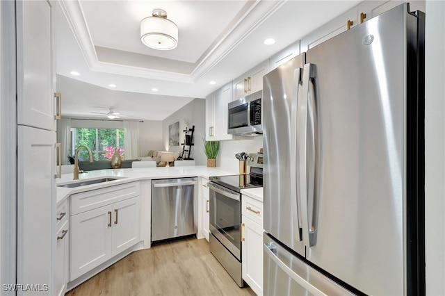 773 Wiggins Lake Dr Unit 101, Naples, FL 34110 - kitchen featuring appliances with stainless steel finishes, a sink, light countertops, light wood finished floors, and a raised ceiling