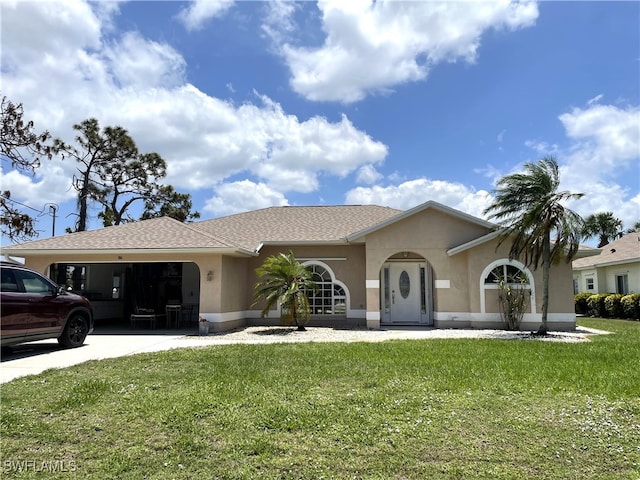 86 Pinehurst Pl, Rotonda West, FL 33947 - view of front of house with stucco siding, a front yard, an attached garage, and concrete driveway