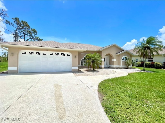 86 Pinehurst Pl, Rotonda West, FL 33947 - ranch-style house with stucco siding, an attached garage, concrete driveway, and a front lawn