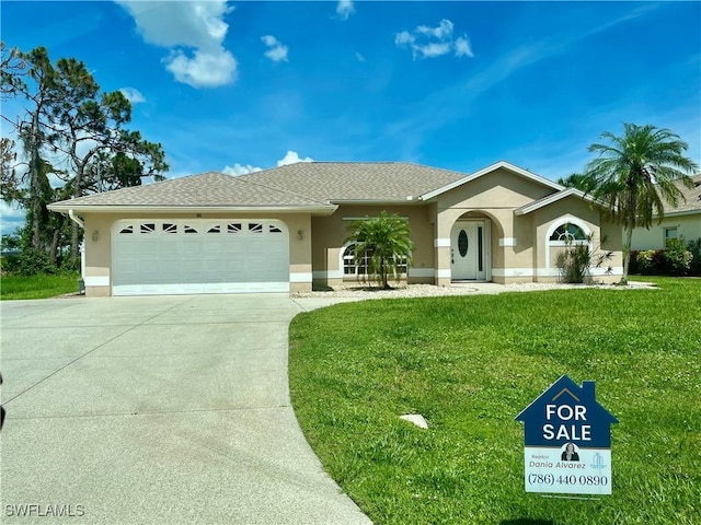 86 Pinehurst Pl, Rotonda West, FL 33947 - single story home with stucco siding, concrete driveway, an attached garage, and a front yard