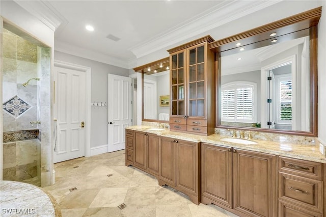 1550 Gordon Dr, Naples, FL 34102 - full bathroom with crown molding, tiled shower, double vanity, and recessed lighting