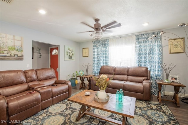 221 Paine Dr, Winter Haven, FL 33884 - living room featuring a ceiling fan, wood finished floors, recessed lighting, and baseboards