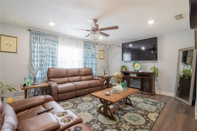 221 Paine Dr, Winter Haven, FL 33884 - living room featuring a ceiling fan, baseboards, wood finished floors, and recessed lighting