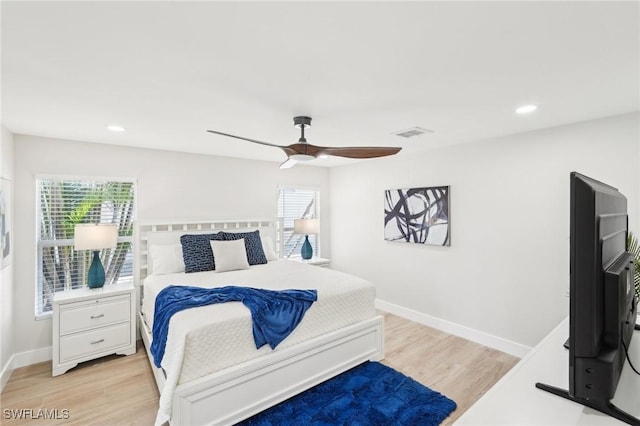 18195 Cutlass Dr, Fort Myers Beach, FL 33931 - bedroom with light wood finished floors, baseboards, ceiling fan, and recessed lighting