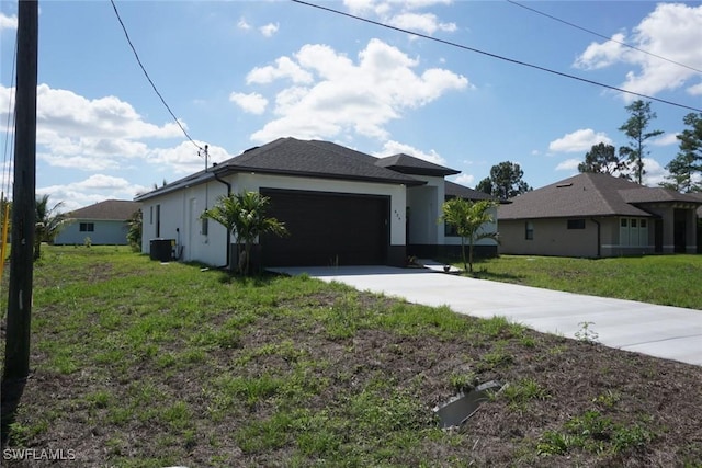 826 Alido Ave, Lehigh Acres, FL 33971 - view of side of property featuring driveway, an attached garage, stucco siding, cooling unit, and a lawn