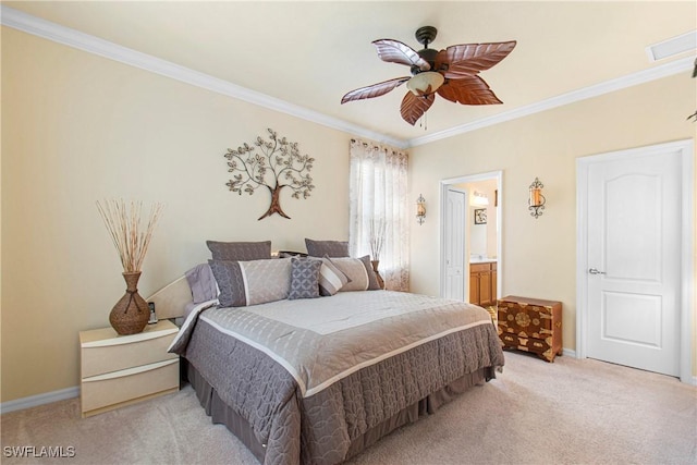 11430 Icarus Cir, Lehigh Acres, FL 33971 - bedroom with light carpet, crown molding, baseboards, ensuite bath, and ceiling fan
