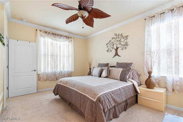 11430 Icarus Cir, Lehigh Acres, FL 33971 - bedroom with light colored carpet, baseboards, crown molding, and ceiling fan