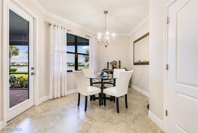 19197 Elston Way, Estero, FL 33928 - dining room featuring a chandelier, crown molding, baseboards, and tile patterned flooring