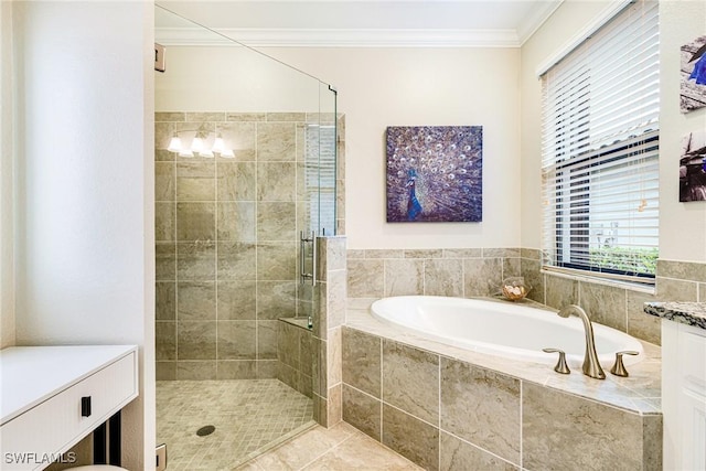 19197 Elston Way, Estero, FL 33928 - bathroom featuring ornamental molding, a garden tub, a shower stall, vanity, and tile patterned flooring