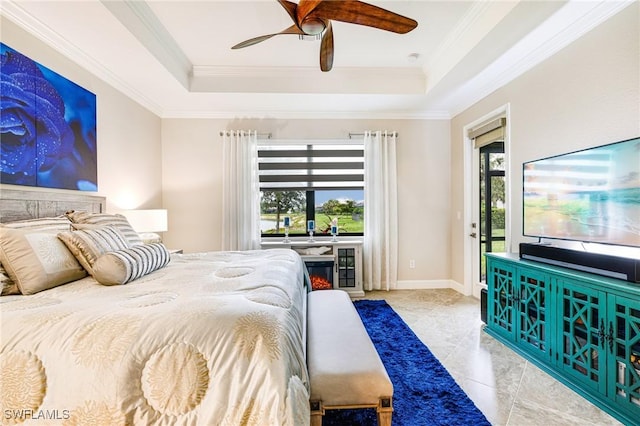 19197 Elston Way, Estero, FL 33928 - bedroom featuring a raised ceiling, access to exterior, crown molding, ceiling fan, and baseboards