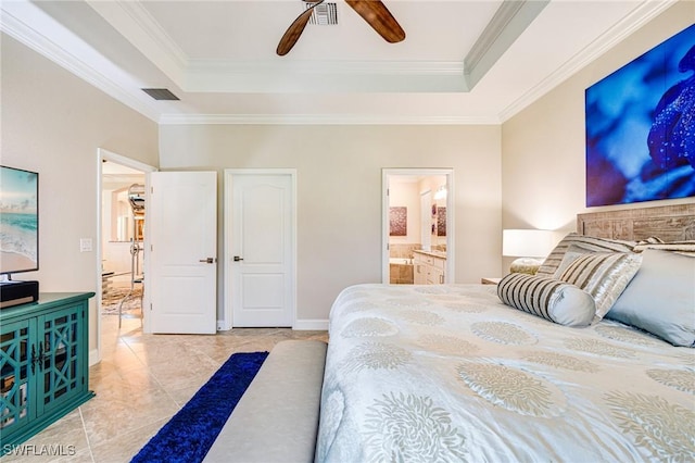 19197 Elston Way, Estero, FL 33928 - bedroom featuring a raised ceiling, ornamental molding, connected bathroom, and ceiling fan