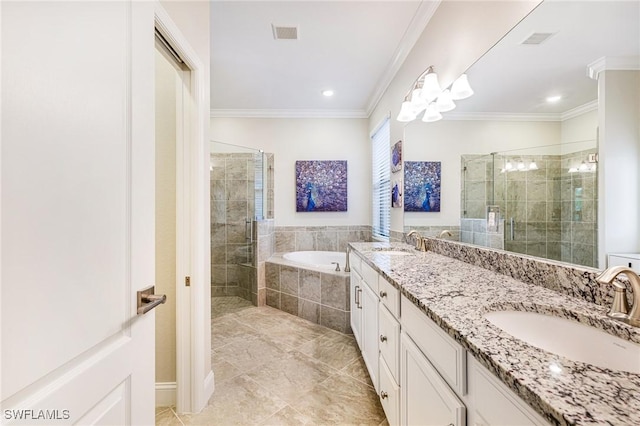 19197 Elston Way, Estero, FL 33928 - bathroom featuring a stall shower, double vanity, a garden tub, crown molding, and tile patterned floors