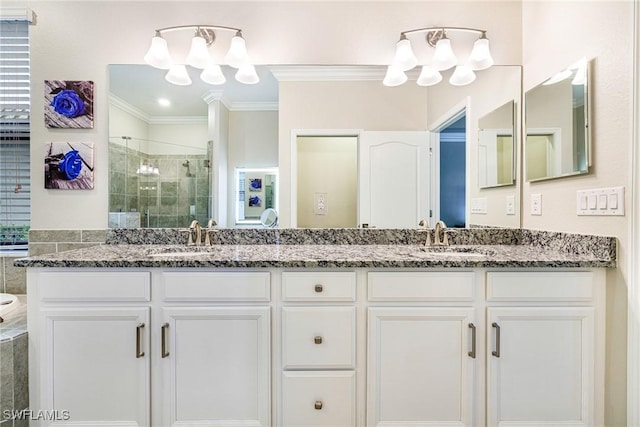 19197 Elston Way, Estero, FL 33928 - full bath with a chandelier, a stall shower, crown molding, and double vanity