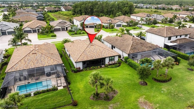 19197 Elston Way, Estero, FL 33928 - aerial perspective of suburban area featuring a pool area