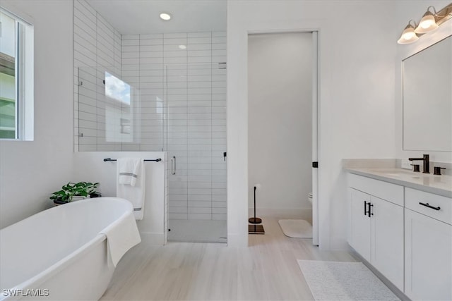 3652 Sapphire Cove Cir, Naples, FL 34114 - full bathroom with a stall shower, vanity, a freestanding tub, toilet, and recessed lighting