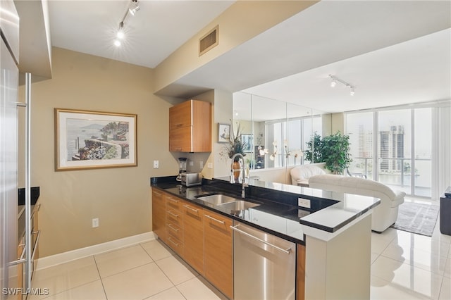 kitchen with track lighting, a sink, stainless steel dishwasher, open floor plan, and a peninsula