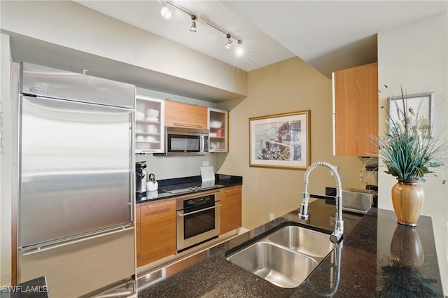 kitchen with stainless steel appliances, a sink, rail lighting, glass insert cabinets, and dark stone countertops