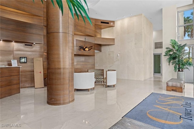 building lobby with a towering ceiling