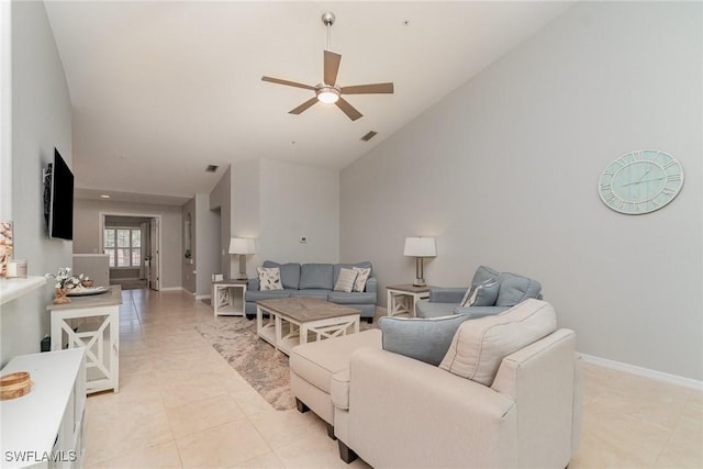 1430 Tiffany Ln Unit 2701, Naples, FL 34105 - living room with a ceiling fan, high vaulted ceiling, and baseboards