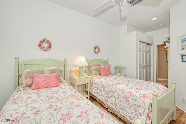 8804 Middlebrook Dr Unit 102, Fort Myers, FL 33908 - bedroom featuring a closet, a ceiling fan, wood finished floors, baseboards, and recessed lighting