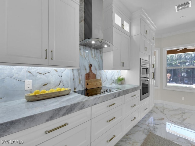 5667 Winkler Rd, Fort Myers, FL 33919 - kitchen featuring wall chimney exhaust hood, black electric stovetop, tasteful backsplash, white cabinetry, and stainless steel double oven