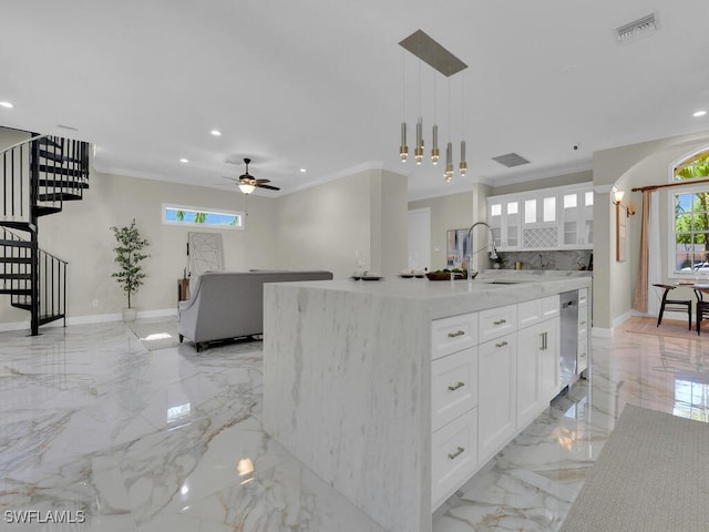5667 Winkler Rd, Fort Myers, FL 33919 - kitchen featuring dishwasher, light marble finish floors, white cabinets, recessed lighting, and ceiling fan