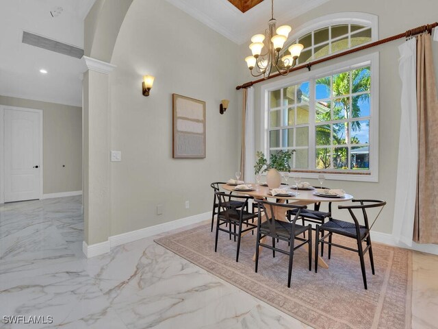 5667 Winkler Rd, Fort Myers, FL 33919 - dining area with a chandelier, marble finish floors, baseboards, ornamental molding, and recessed lighting