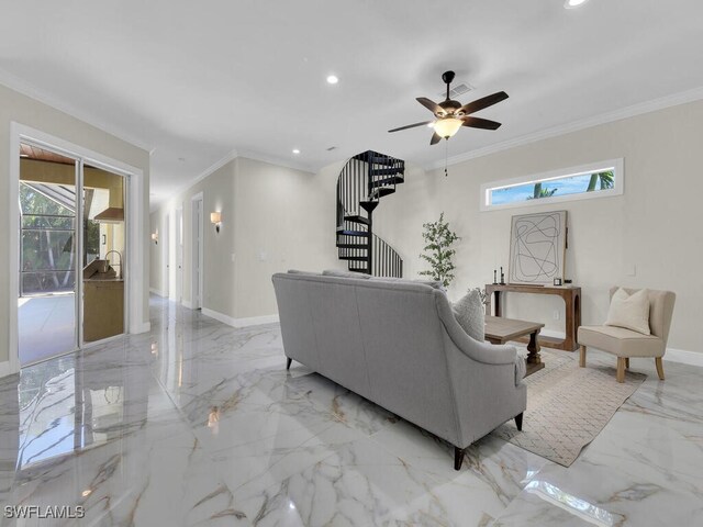 5667 Winkler Rd, Fort Myers, FL 33919 - living area featuring plenty of natural light, light marble finish floors, stairs, crown molding, and ceiling fan