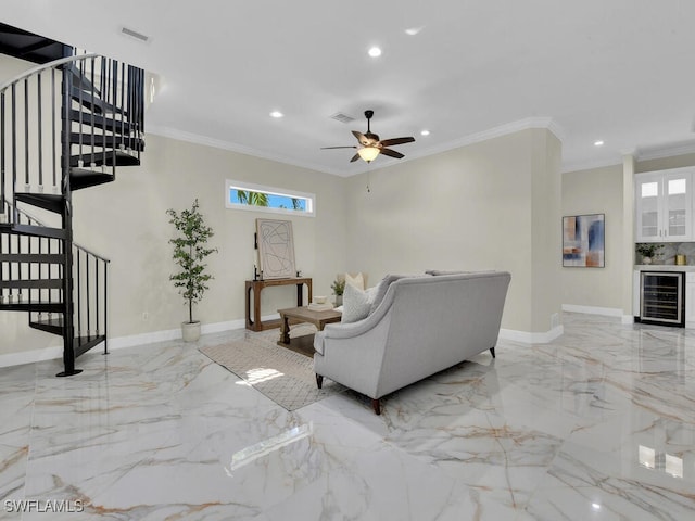 5667 Winkler Rd, Fort Myers, FL 33919 - living room featuring wine cooler, light marble finish floors, stairway, recessed lighting, and healthy amount of natural light